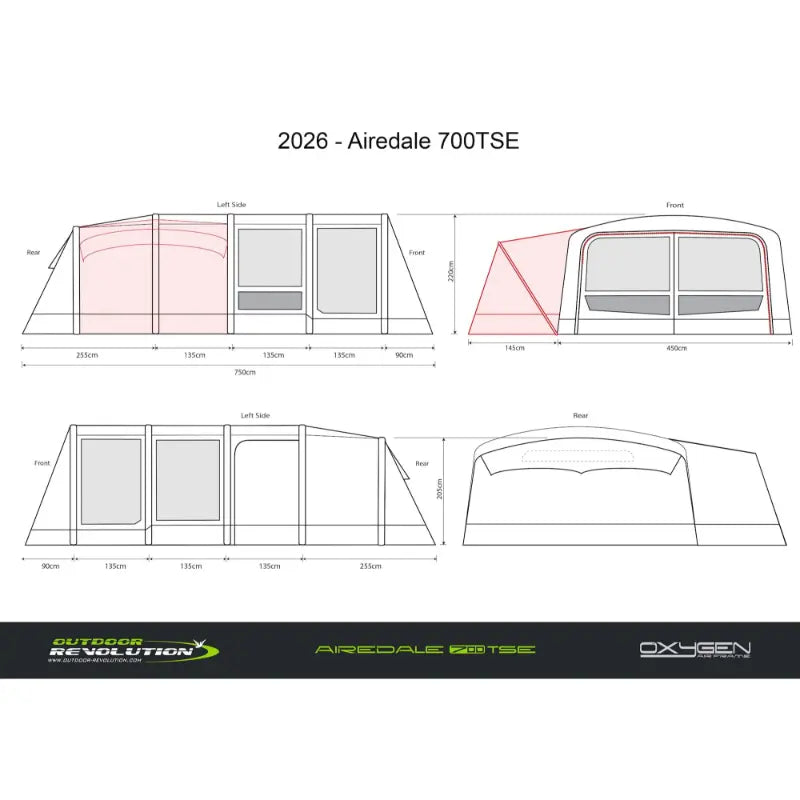 Outdoor Revolution Airedale 700 TSE Air (Including Footprint & Side Annexe Inner Tent) Dimension