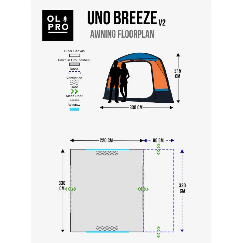 Olpro Uno Breeze V2 Campervan Awning Orange Dimension